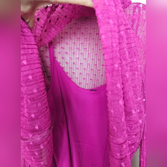 Express Womens Sheer Dot Mock Neck Smocked Cuff Top FUCHSIA XS - Picture 4 of 6